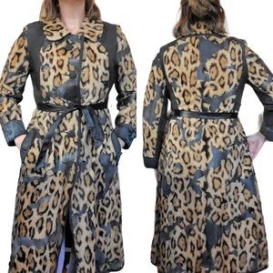 VTG 60s Small Faux Fur Leather Animal Print Leopard Statement Trench Jacket Coat